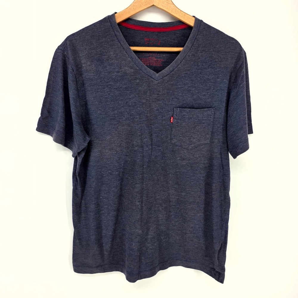Levi's V-Neck T-Shirt Mens M Navy Blue Heather Pocket Tee Short Sleeve 1226110